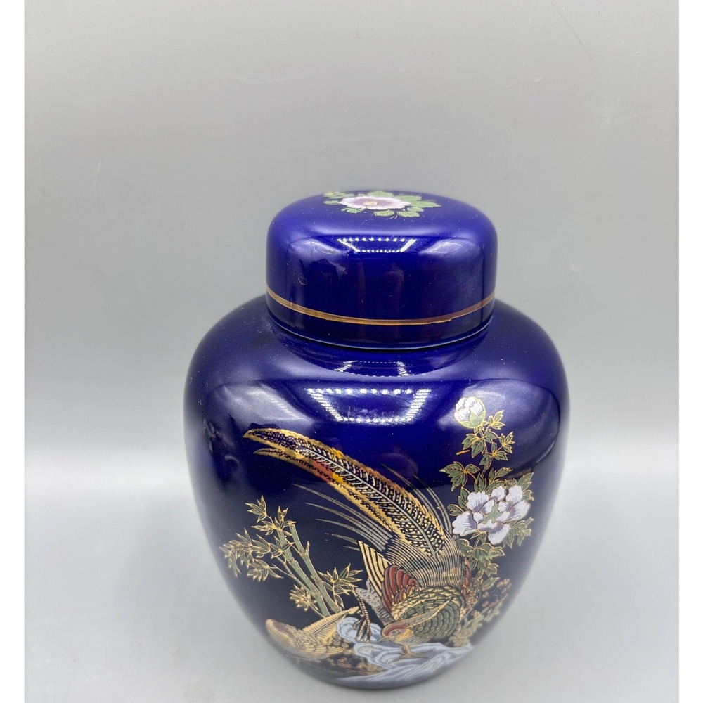 Vintage Cobalt‎ Blue Porcelain Ginger Jar Pheasant Floral Lid Decorative Art